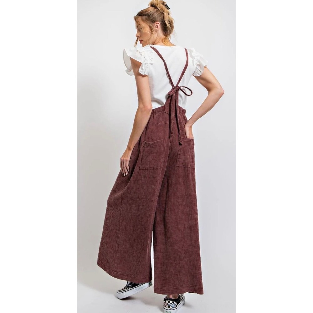 Easel  Sz M Faded Plum Gauze Cotton Wide Leg Overalls Jumpsuit Boho